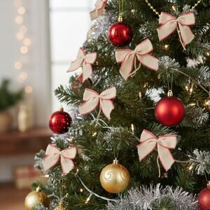 Set of 11 Rustic Burlap Christmas Bows-Red Trim-Farmhouse-Holiday-Tree-Wreath